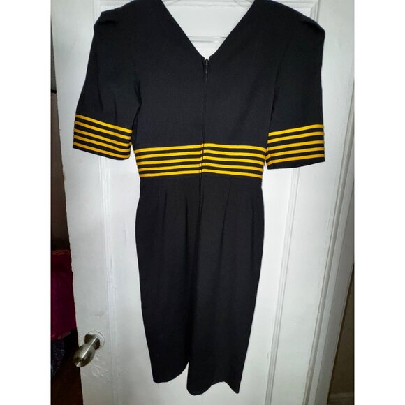 Black & Yellow Striped Vintage Dress With V-Neck & Short Sleeves Medium Eighties - Picture 2 of 6